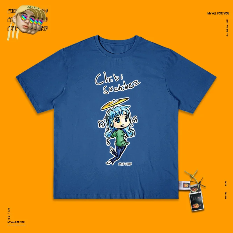 Billie Eilish ручной Doodle Половина рукава запах девушка Хай-стрит Ins короткий рукав стандарт отправки экземпляров Chao Корея оказание без подкладки верхняя одежда - Цвет: blue