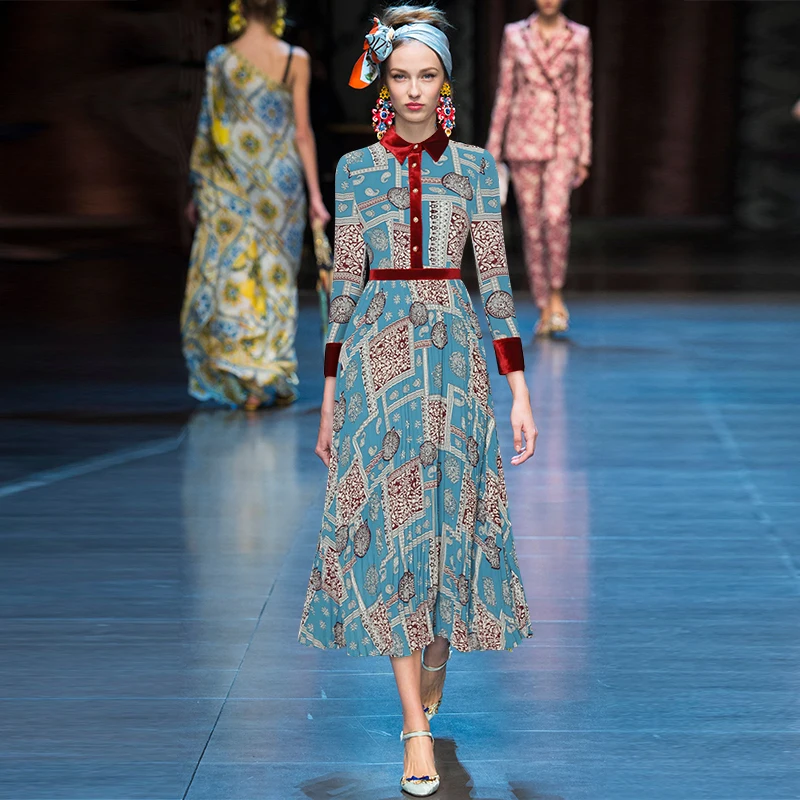 

sleeve single-breasted posed printing temperament velvet spell receives the waist pleated dress 2020 autumn new fund