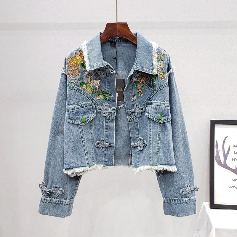 

Women Denim Jacket For Feminine Spring Autumn Floral Appliques Embroidery Coat Long Sleeve Outerwear Female Clothes