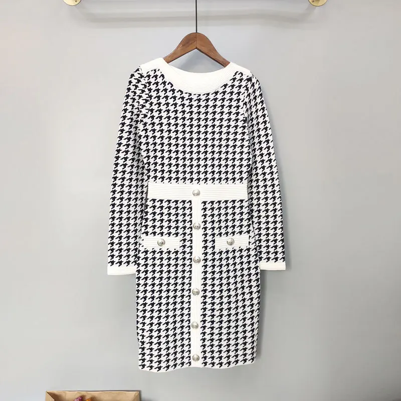 

019 Spring New Style Thousands of Birds Wrap Slimming Dress Long Sleeve Debutante Elegant Waist Hugging A- line Skirt Women's Ve