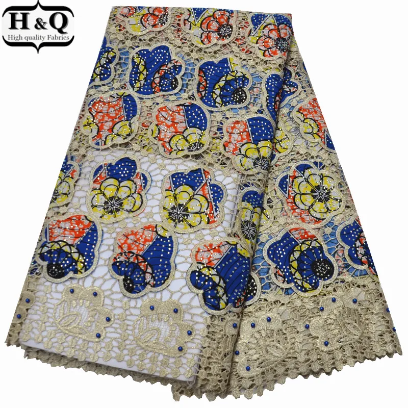 

Nigerian Guipure Lace Water Souble Lace Mix Wax Fabric African Cord Lace Fabric With Print Wax Patchwork 5 Yards/Pcs For Asoebi
