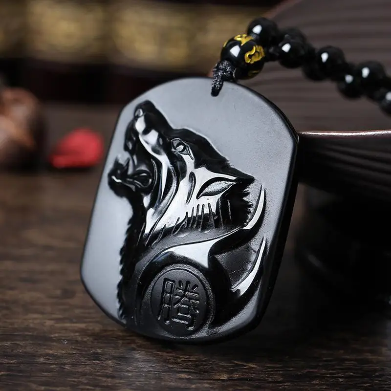 

Jadery Natural Black Obsidian Stone Pendant Necklace Carving Wolf Head Obdidian Amulet pendant Bead Chain for Men and Women Gift