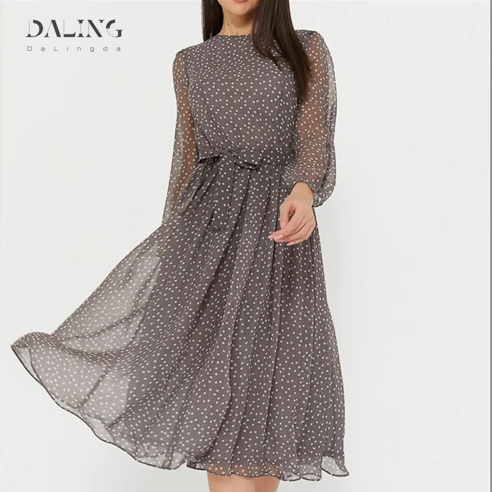 

Elegant Dot Print Long Sleeve Women Dresses 2020 Winter Casual O Neck Chiffon A LIne Dress Vintage Party Vestidos