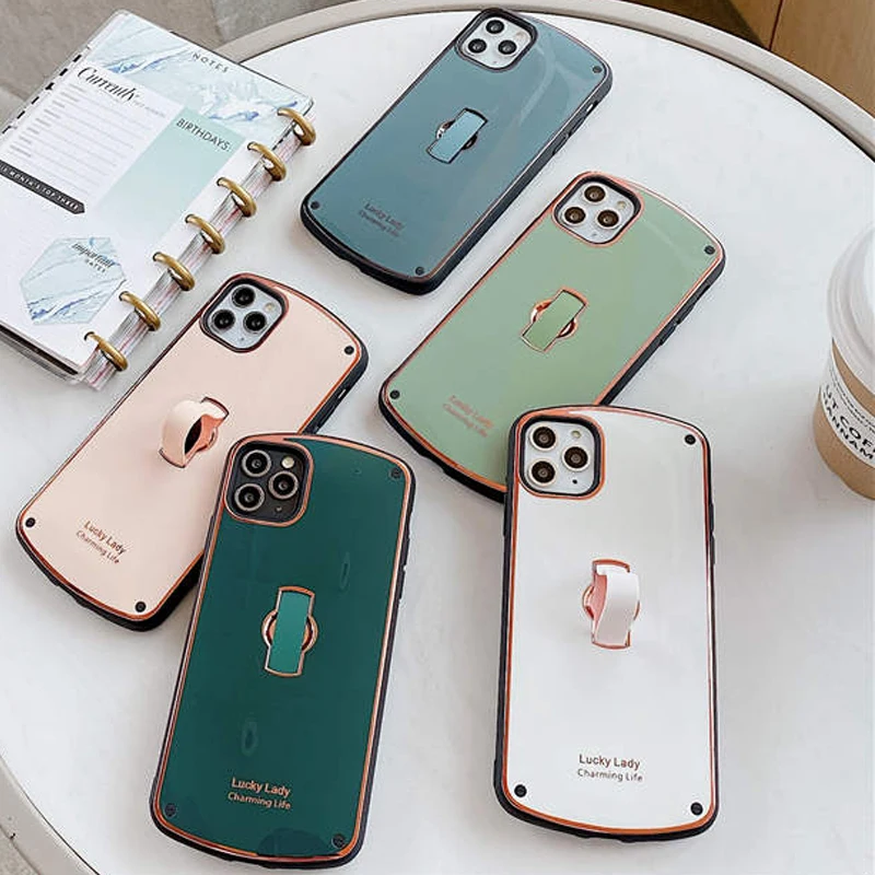 Fashion Plating Edge Solid Stand Holder Phone Case for iPhone 12 11 Pro