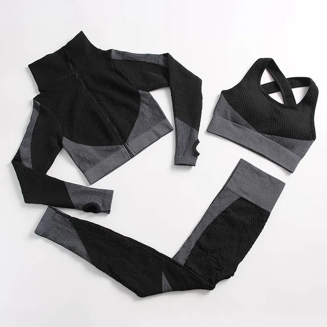 Yoga Set Workout Gym Clothing Fitness For Women's Tracksuit Outfit Leggings Sport Bras Top Long Sleeve Women Sportswear Suit 3 Pcs set black gray