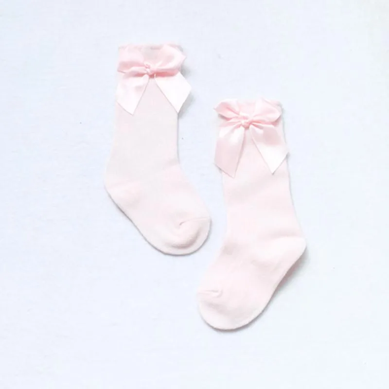 Розовый Hilittlekids/зимние однотонные теплые гольфы для маленьких девочек с бантиками; длинные Детские ботиночки принцессы; носки в Вертикальную Полоску - Цвет: Розовый