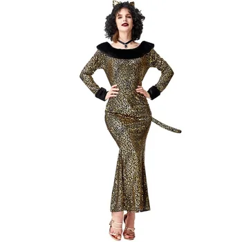 

Women Cat Cosplay Costume for Stage Performance Leopard Printed Dress Headwear Necklace 3pcs Outfit for Halloween Make Up Party