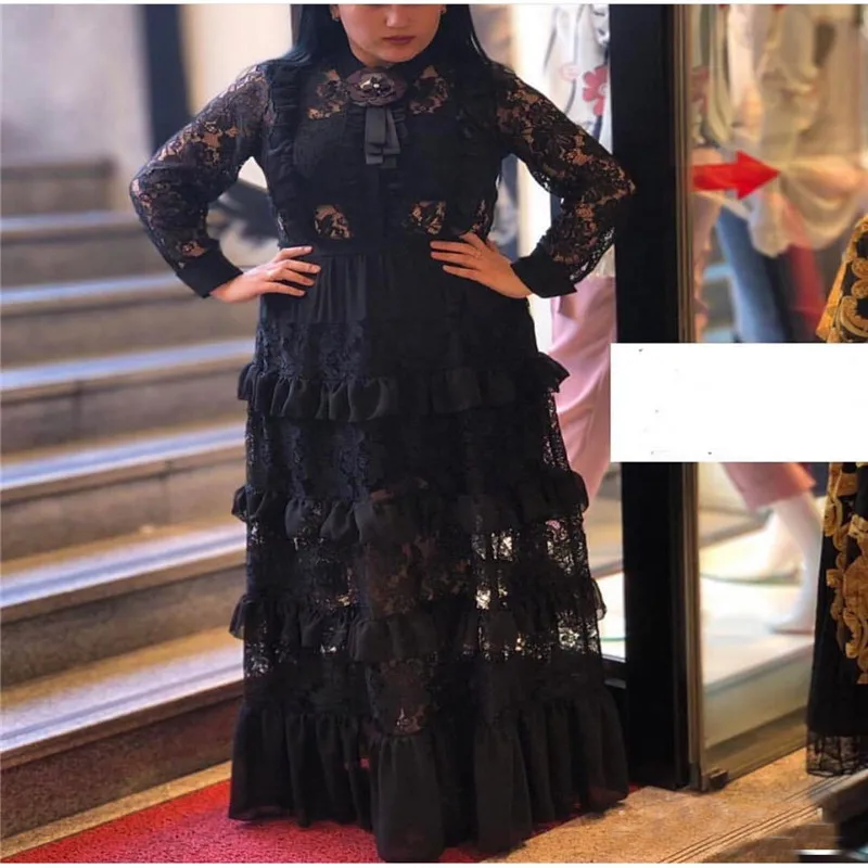 Women Dashiki African Long Dress Fashion Ladies Lace Long Sleeve Edge Stitching Multi-layer Cake Dress Large Size XL-3XL