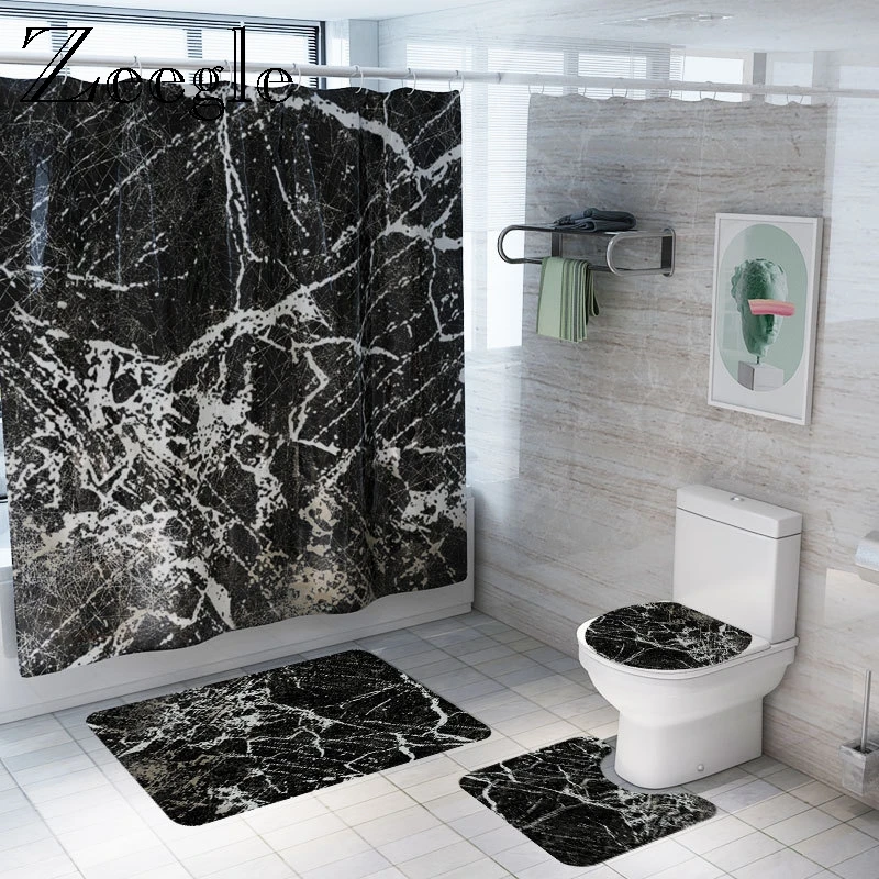 Zeegle 4pcs Bath Mat Set Marble Printed Soft Toilet Cover Seat Mat Non-slip Bathroom Shower Mat Absorbent Toilet Pedestal Rug