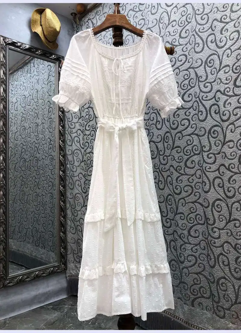 

100%Cotton Dress 2022 Summer Fashion Style Women O-Neck Polka Dot Patterns Lace Deco Short Sleeve Mid-Calf Casual Boho Dress