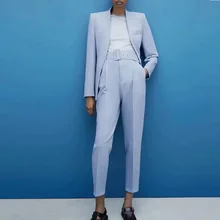 Za Conjunto de 2 piezas para mujer, Blazer de oficina, chaqueta lisa, abrigo elegante, traje ajustado con cinturón, pantalones de cintura alta, 2021