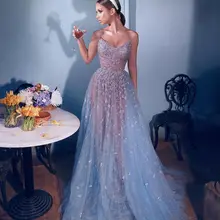 Сексуальное выпускное платье с v-образным вырезом голубое женское платье для выпускного бала обнаженное с розовой подкладкой Блестки Бисероплетение Формальное вечернее платье Vestido de Festa