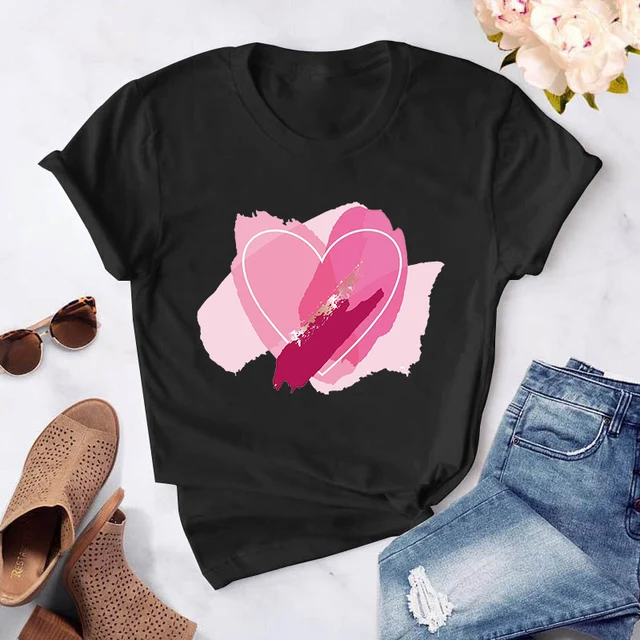 Heart flower print ladies T-shirt ladies casual basis O-collar white shirt short sleeve ladies T-shirt love graphic printing CT-Black-756