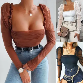 

Hirigin Mesh Sheer Puff Sleeve Blouses Women 2020 Spring Fashion Square Neck Shirt Ruched Slim Sexy Female Solid Casual Tops