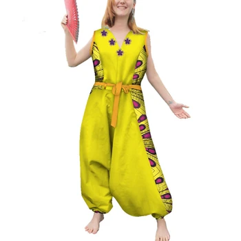 

African Women Sexy V Neck Sleeveless Jumpsuit 2020 Batik Print Traditional Ankara Dashiki Clothes African Female Bodysuit