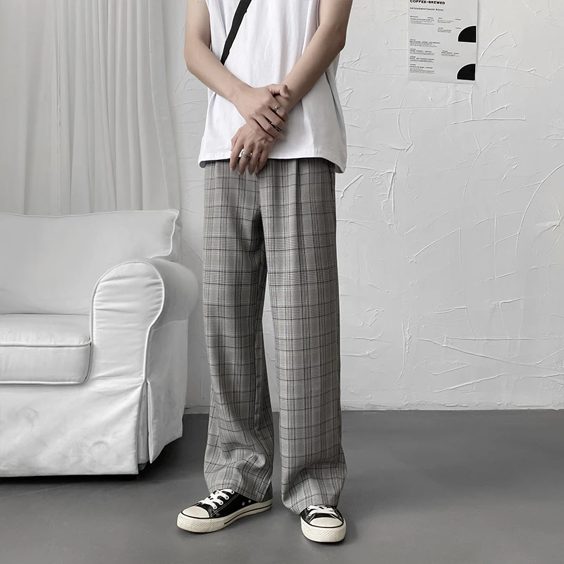 

2021 Men's Plaid Business Casual Pants Stripe Blazer Suits Pants Loose Formal Wide Leg Pants Grey/khaki Social Trousers S-XL