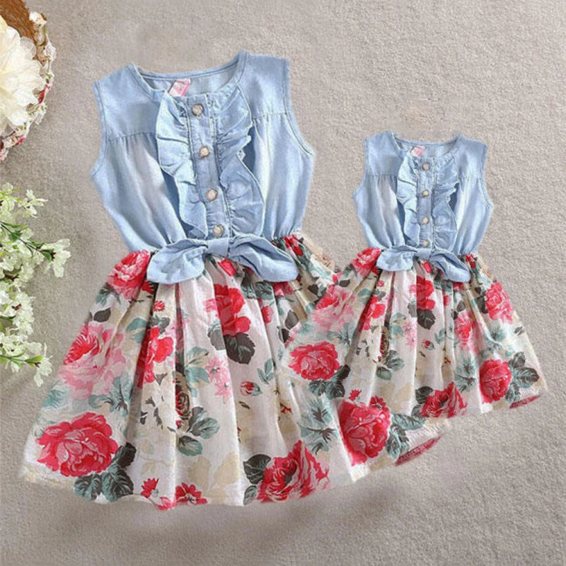 Vestidos de verano para madre e hija, ropa a juego familiar para mujer y niña, vestido Floral sin mangas con volantes, traje de flores elegante