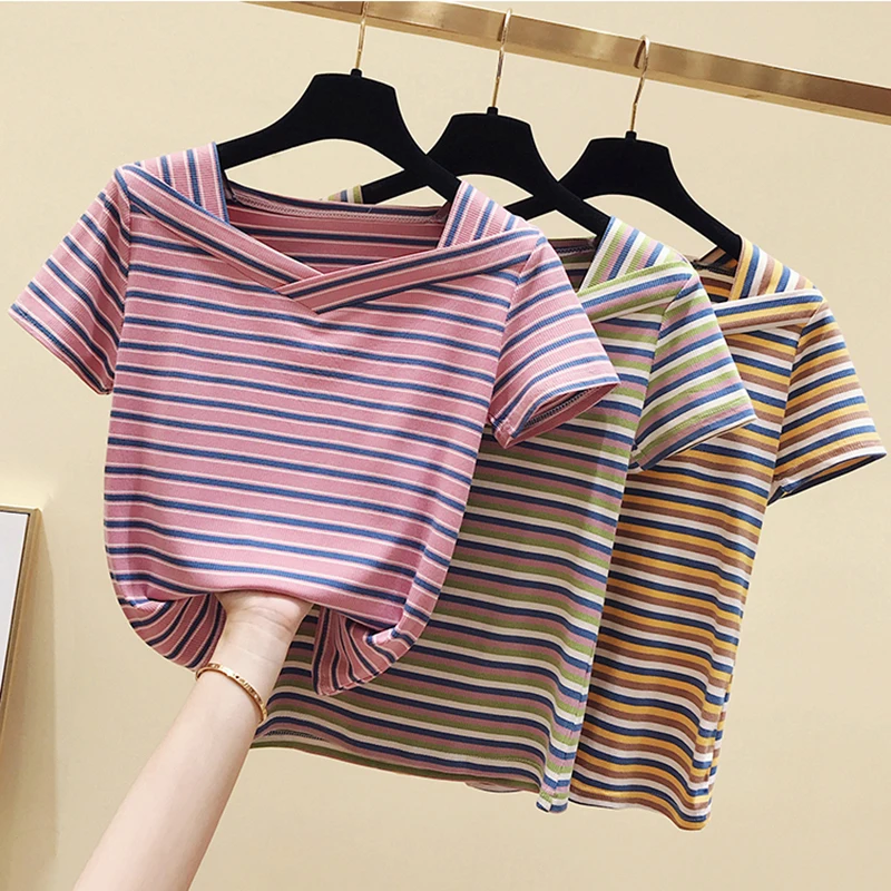 

GGRIGHT Fashion Striped V-Neck Knitted T-Shirts Women Summer Casual Cotton Short Sleeve Tee Shirt Female Korean Tops Harajuku