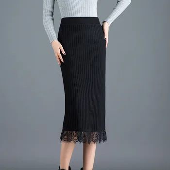 

2020Autumn& Winter New Arrival High Waist Skirt Stretch Knit Female Mid Length One Step Skirt Lace Side Slit Skirt Free Shipping
