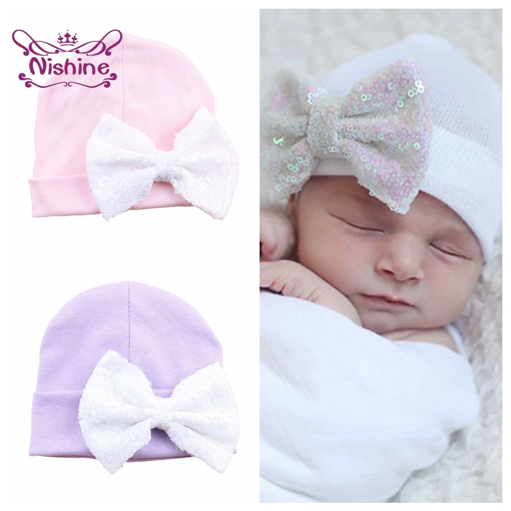 

Baby Girls Knitted Wool Hat Glitter Sequins Bowknot Caps Newborn Infant Beanie Fashion Children Headwear Accessories Photo Props