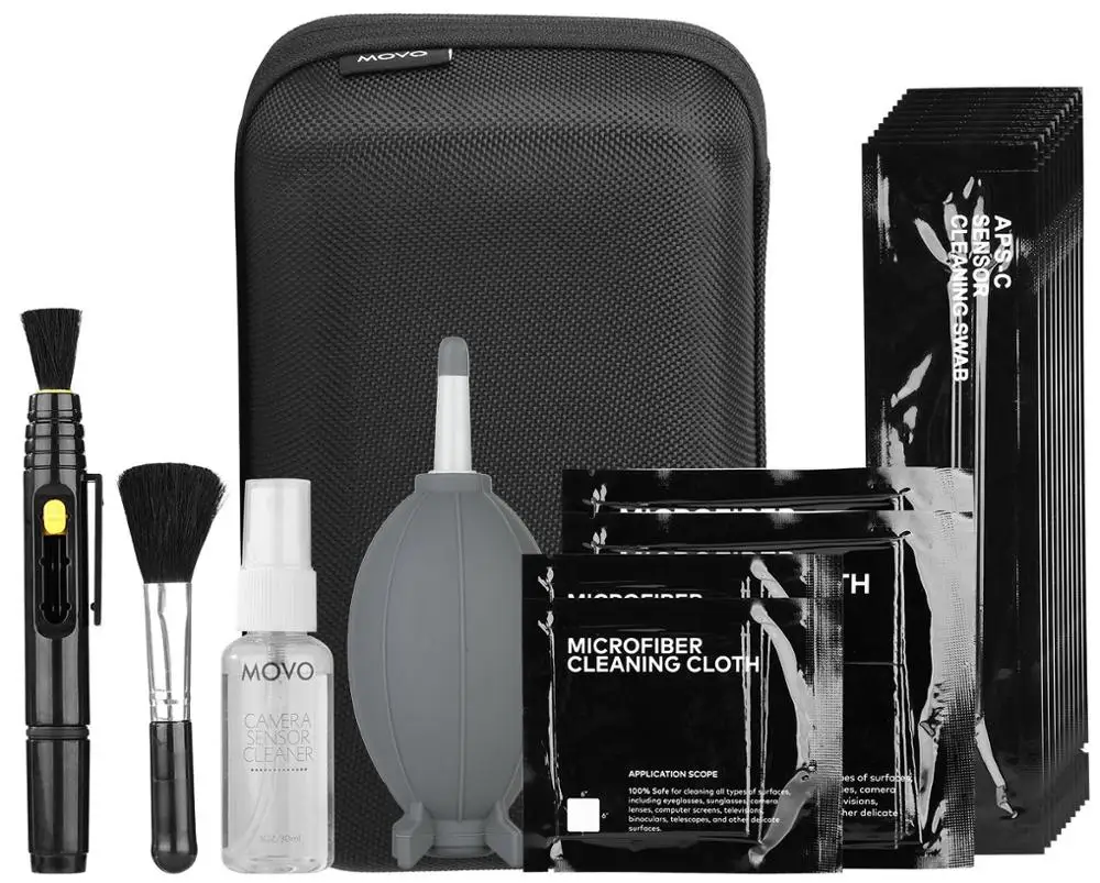 

Movo Deluxe Essentials DSLR Camera Cleaning Kit with Cleaning Swabs, Sensor Cleaning Fluid, Rocket Air Blower, Lens Pen,Brush&