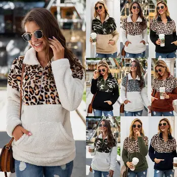 

Women's Sweatshirt Leopard Faux Fur Fluffly Pullovers Zipper Long Sleeve Warm Thickening Female Winter Stitching Sweatshirts 3XL