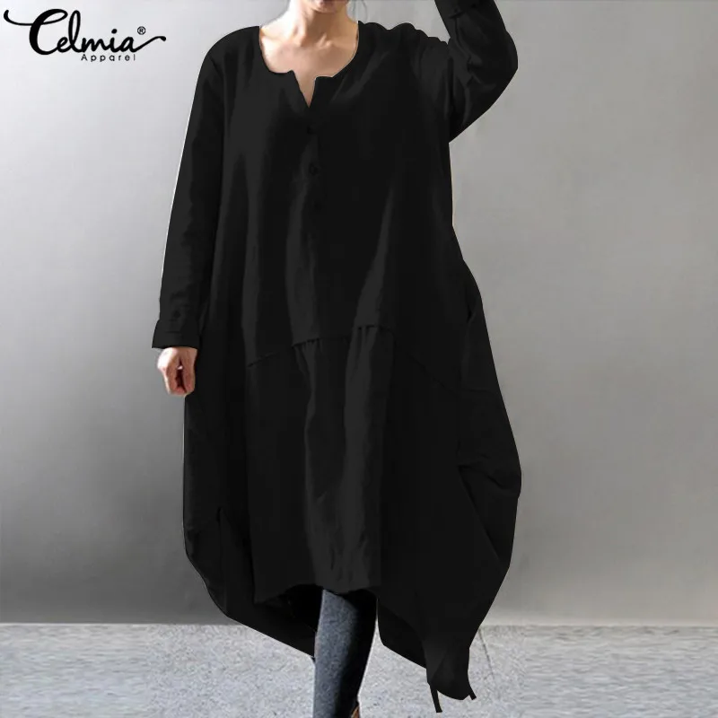 

Women Asymmetric Dress Vintage Linen Long Vestidos Celmia 2019 Female Long Sleeve Button Down Solid Baggy Midi Dresses Plus Size