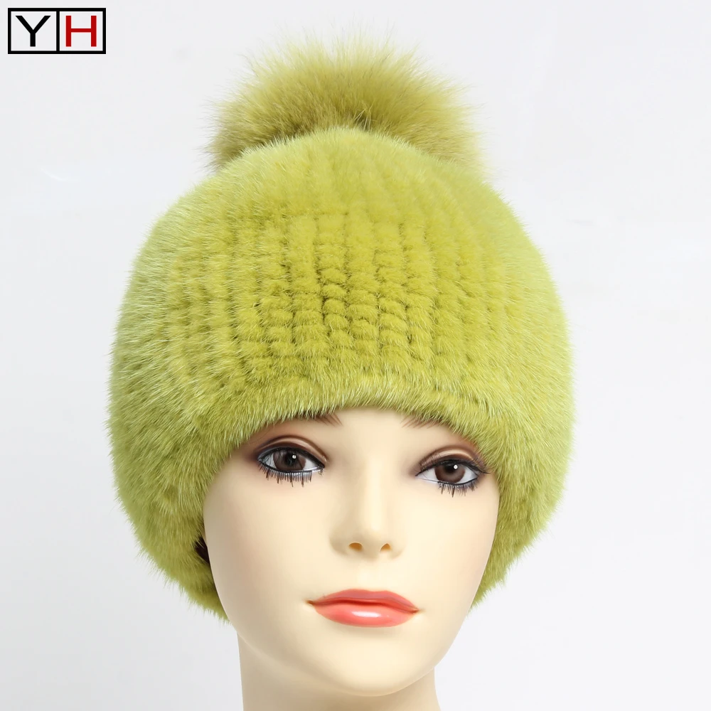 Стиль элегантная меховая шапка из натуральной норки для женщин высокая эластичность Двусторонняя вязаная шапка из натурального меха норки Розничная и