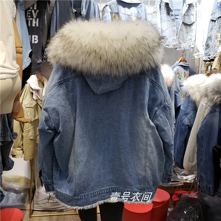 Зимнее женское пальто, плюс уплотненное теплое хлопковое джинсовое пальто, парка с капюшоном, с хлопковой подкладкой, студенческое свободное большое пальто с воротником Haire