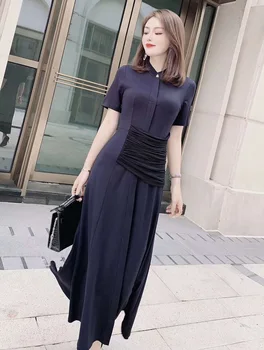 

High Quality Work Dress 2020 Spring Summer Office Lady Black Pleated Color Block Short Sleeve Mid-Calf Length Dark Blue Dress OL