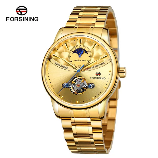 Мужские часы FORSINING бренд Tourbillon автоматические механические часы Sun Moon с автоматической обмоткой водонепроницаемые часы для Мужские часы Подарки - Цвет: Gold