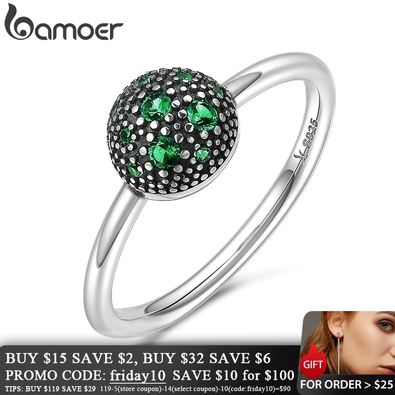 

BAMOER Genuine 100% 925 Sterling Silver Round Green Sparking CZ Finger Rings for Women Sterling Silver Jewelry S925 Gift SCR138