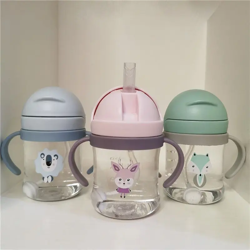 Taza de bebida de 300ml para niños, vaso de paja con diseño de dibujos animados para niños, resistente a caídas, botella de agua, Bola de aprendizaje azul