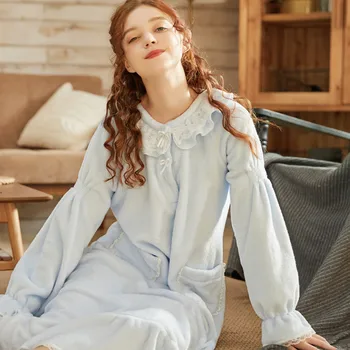 

Autumn Winter Warm Flannel Women Pyjamas Dress Thick Velvet Long Sleeve Lace Princess Sleepwear Thin Flannel Pajamas For Girl