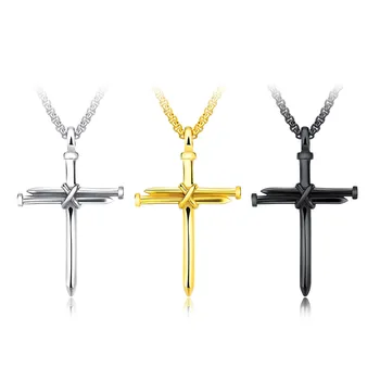 

Necklace Cross Pendant Personality Men'S Jewelry Steel Nail Collar 21.6Inch Square Chain Simple Pendant Prayer Christian 35+56mm