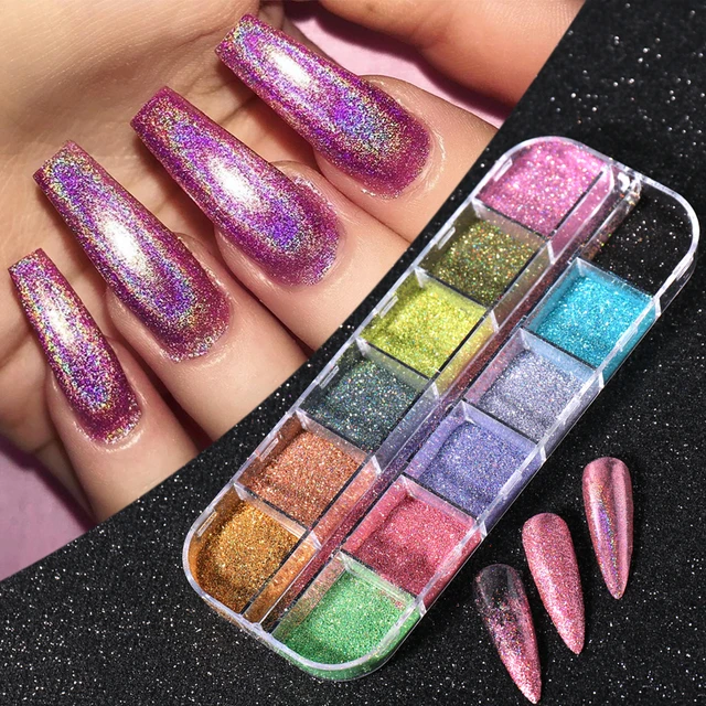 12Colors Holographic Nails Powder Laser Silver Glitter Chrome Nail Powder  DIY Shimmer Gel Polish Flakes for Manicure Pigment - AliExpress