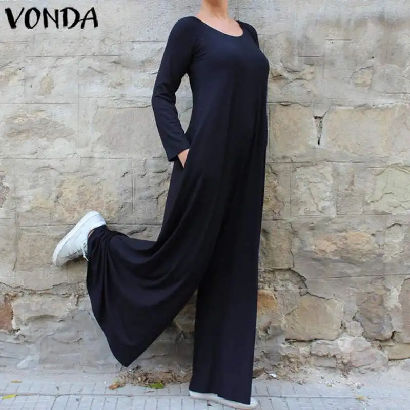 VONDA, Женские Широкие штаны, богемный однотонный комбинезон с длинными рукавами размера плюс, Oversall, повседневные Свободные Комбинезоны, женские Комбинезоны s, S-5XL