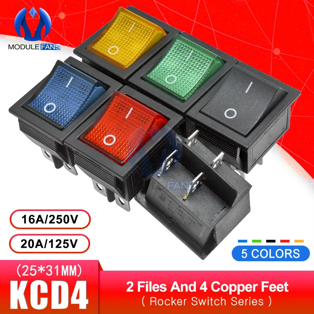 

5pcs Rocker Power Touch On/off Switch 2 Positions 4Pins 4 Feets Ship Type with light Red Blue Green 16A 250V 25*31mm