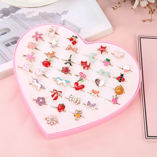 10/20/36 pcs Cute Adjustable Rings Children Girls Pretend Play Makeup Toys Cartoon Crystal Jewelry Alloy Animal Enamel Ring 5