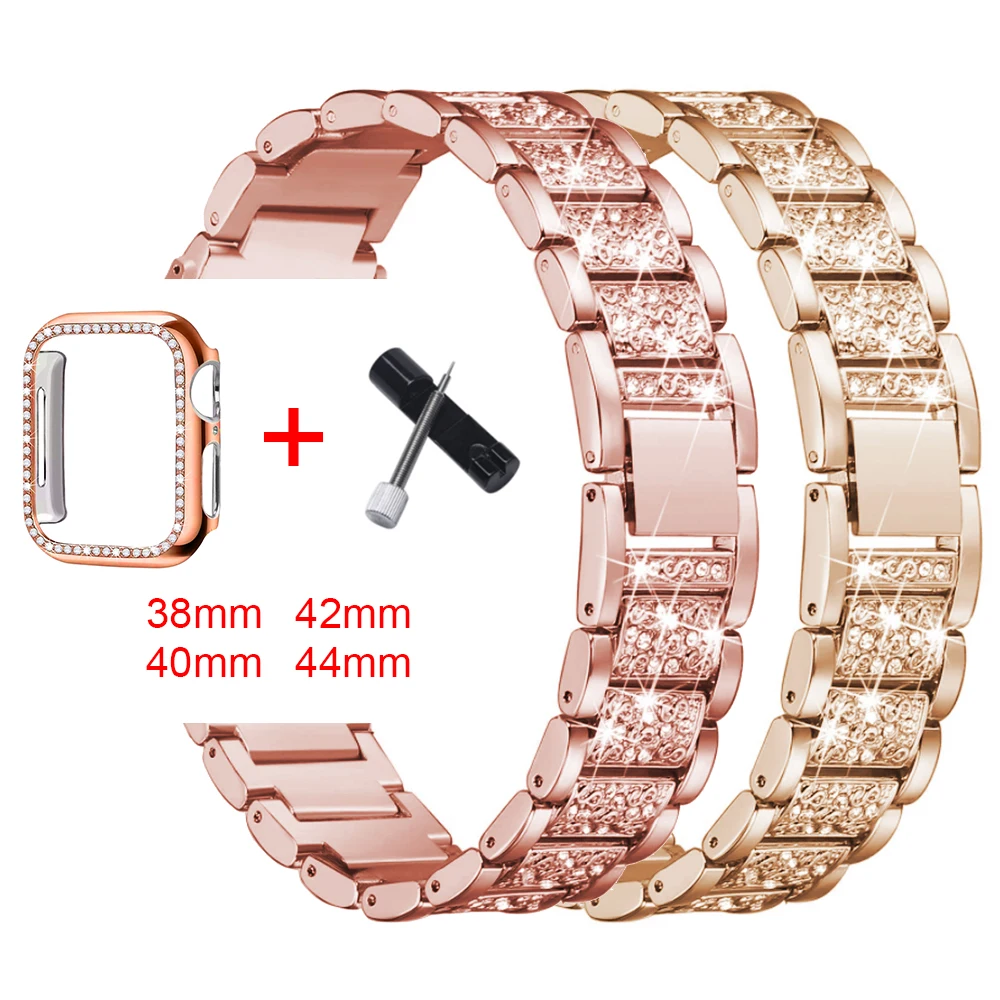 Ремешок + чехол для Apple Watch diamond series5 4 3 21 металлический женский браслет iwatch 38 мм 40 42