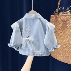 Primavera jaqueta moda denim dos desenhos animados rendas bowknot babados manga roupas para crianças