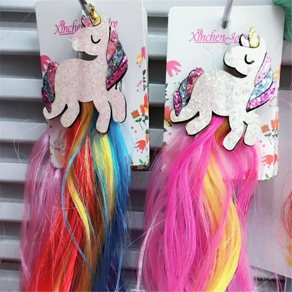 Lovely Gradient Colorful Unicorn Wigs Hair Clips Hairpins for Girls Princess Hair Ornament Headband Barrettes Hair 3