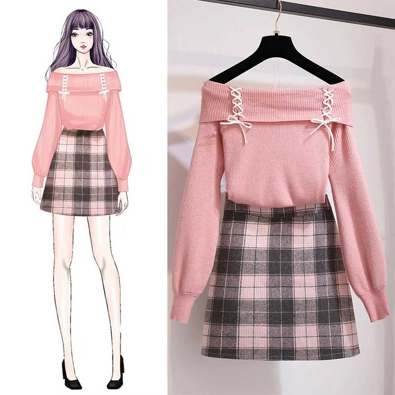 

Female Autumn Winter 2019 New Two Piece Sets Off Shoulder Bow Sweater Wool Plaid Mini Skirt Women Outfit Chic Women Sweater