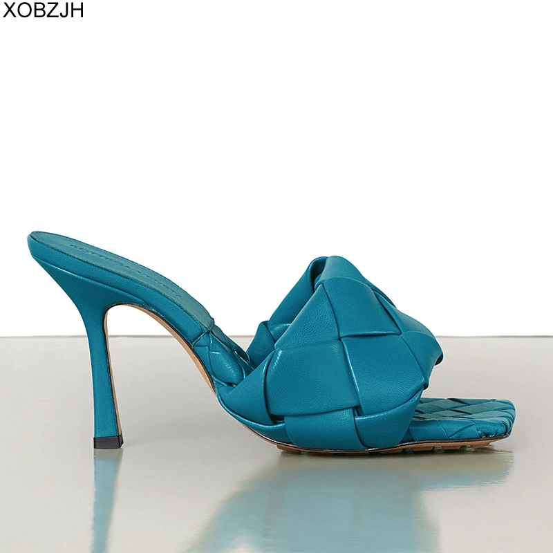 Дизайнерская Женская обувь; Роскошные черный, белый цвет; синие туфли на высоком каблуке; женские модные босоножки из натуральной Кожаные сандалии-шлепанцы; женская обувь - Цвет: Небесно-голубой