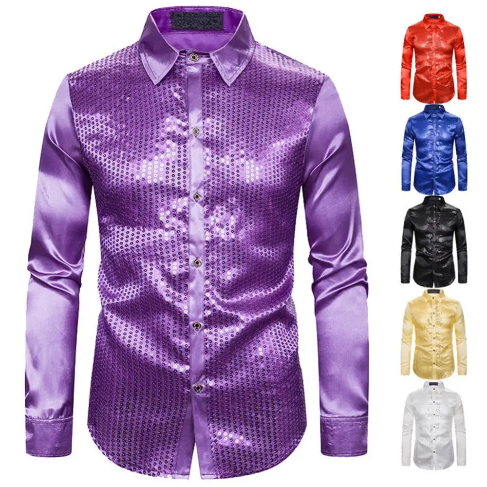 Men Shiny Sequins Shirt Long Sleeve Solid Color Turn Down Collar Party Stage Costume Top