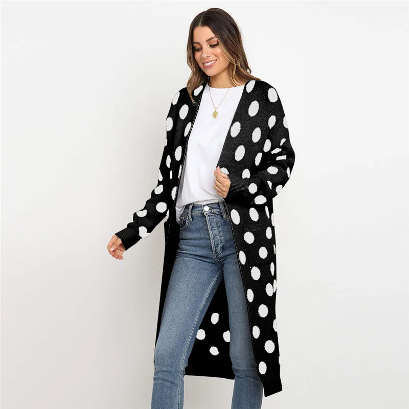 Women Sweaters Jacket Winter Knitted Cashmere Long Cardigan Women Long Sleeve White Warm Cardigan Polka Dot Sweater Jacket