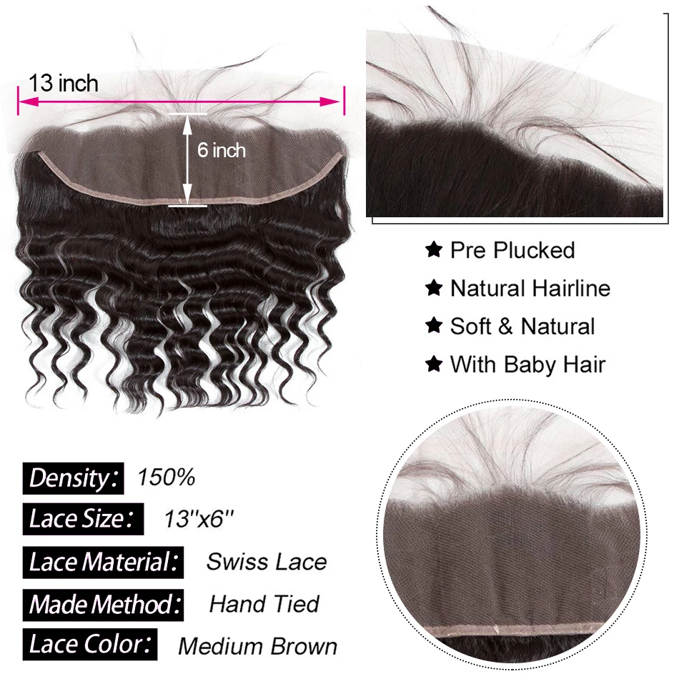 Feixes de Cabelo Malaio com Frontal Encerramento com Bundles Humano com Frontal Onda Profunda Solto Lace Frontal Remy 13x6 10 Cheap Pacotes com 34 com fecho