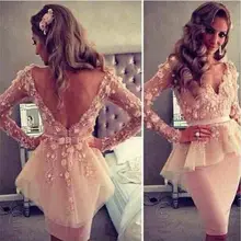 

2020 Myriam Fares Blush Pink V-neck Long Sleeves Lace Flowers Sheath Backless Peplum Celebrity Dresses Cocktail Dresses
