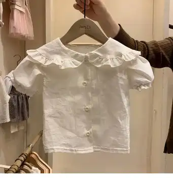 

Spring Korean children's clothing summer children's baby plaid small shirt lapel cute puff sleeves with short sleeves