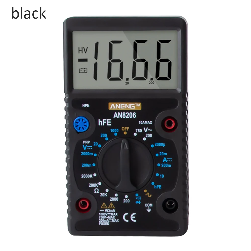 Черный ANENG AN8206 Цифровой мультиметр ЖК-дисплей большой экран волновой выход Ампер напряжение ом тестер защита от перегрузки мультиметр - Цвет: Черный
